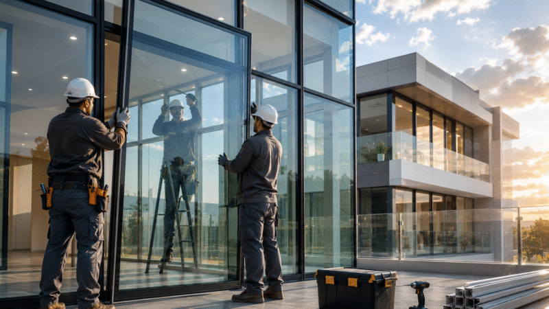 Professional technicians installing a modern glass façade with aluminium frames on a commercial building using high-quality architectural glazing systems.